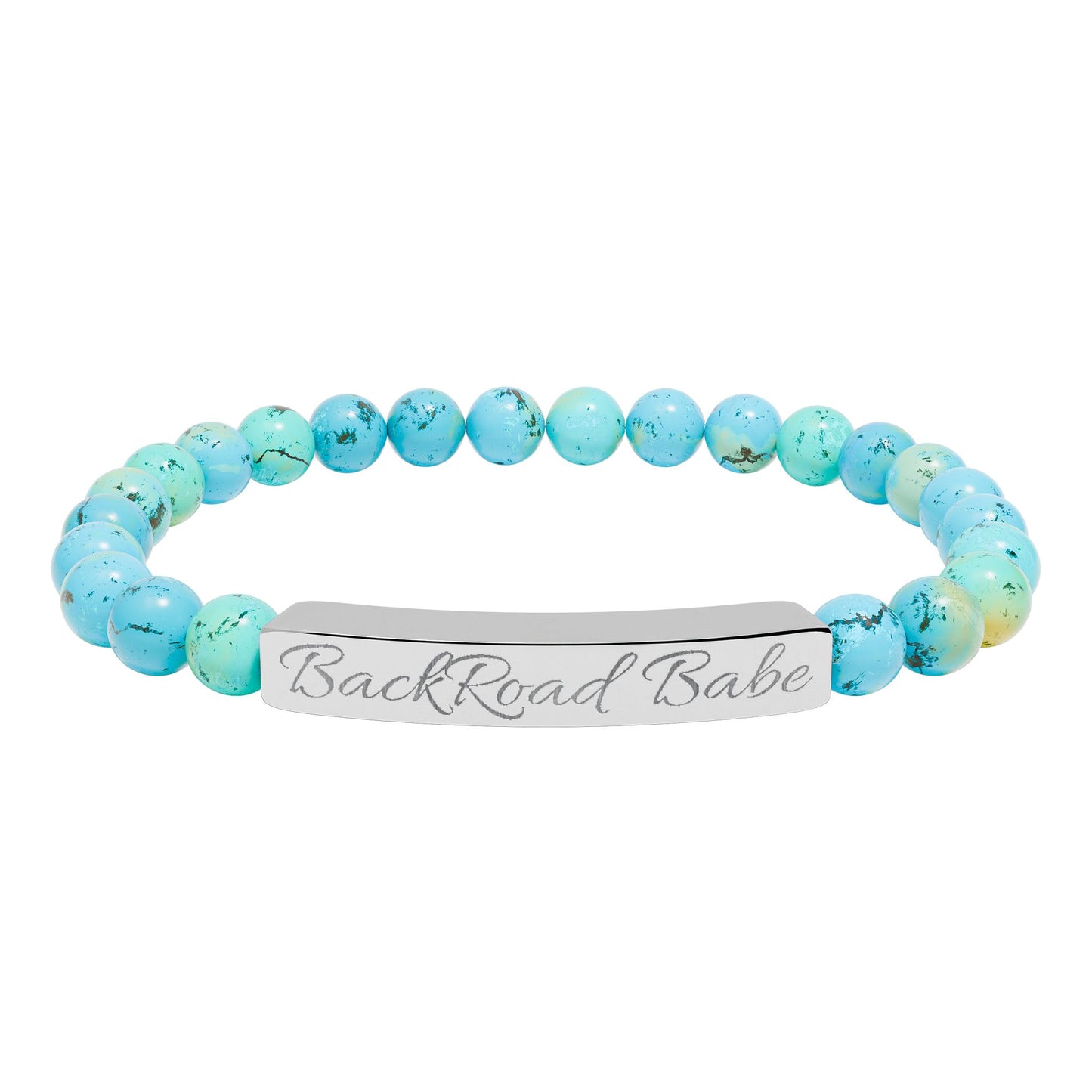 🤎 Backroad Babe Bracelet , Engraved Natural Stone Bead Bracelet — Custom Bar Stretch Bracelet