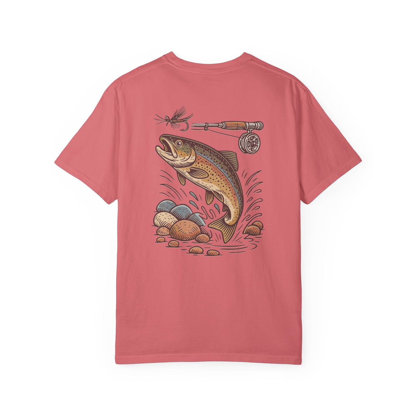 Trout Fishing Graphic T‑Shirt — Vintage Fly Rod & Hook Design
