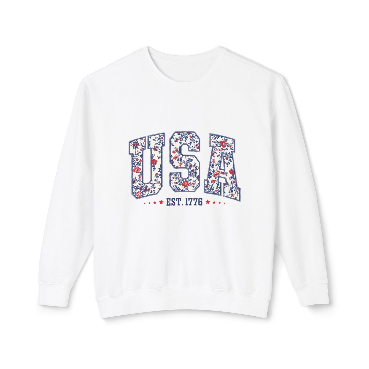 USA Floral Crewneck Sweatshirt — Patriotic "EST. 1776" Pullover
