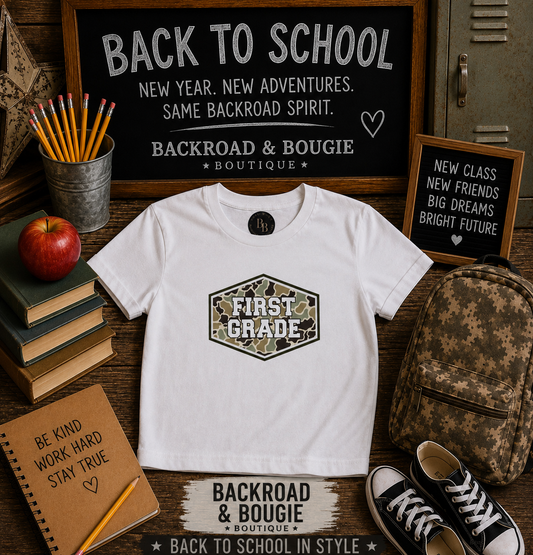 📚🌾 First Grade Camo Tee