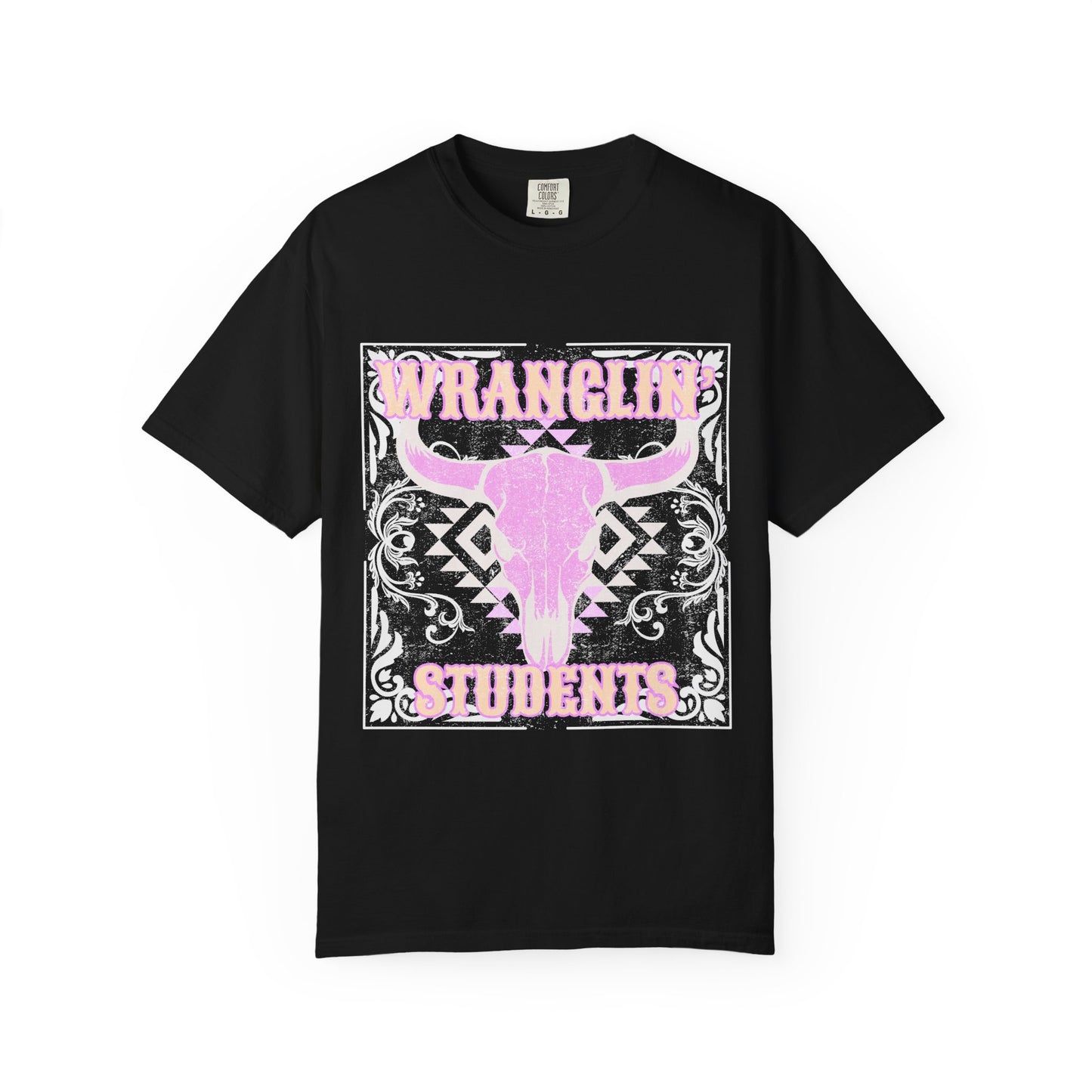 Graphic T-Shirt — "Wranglin' Students" Pink Bull Skull Tee