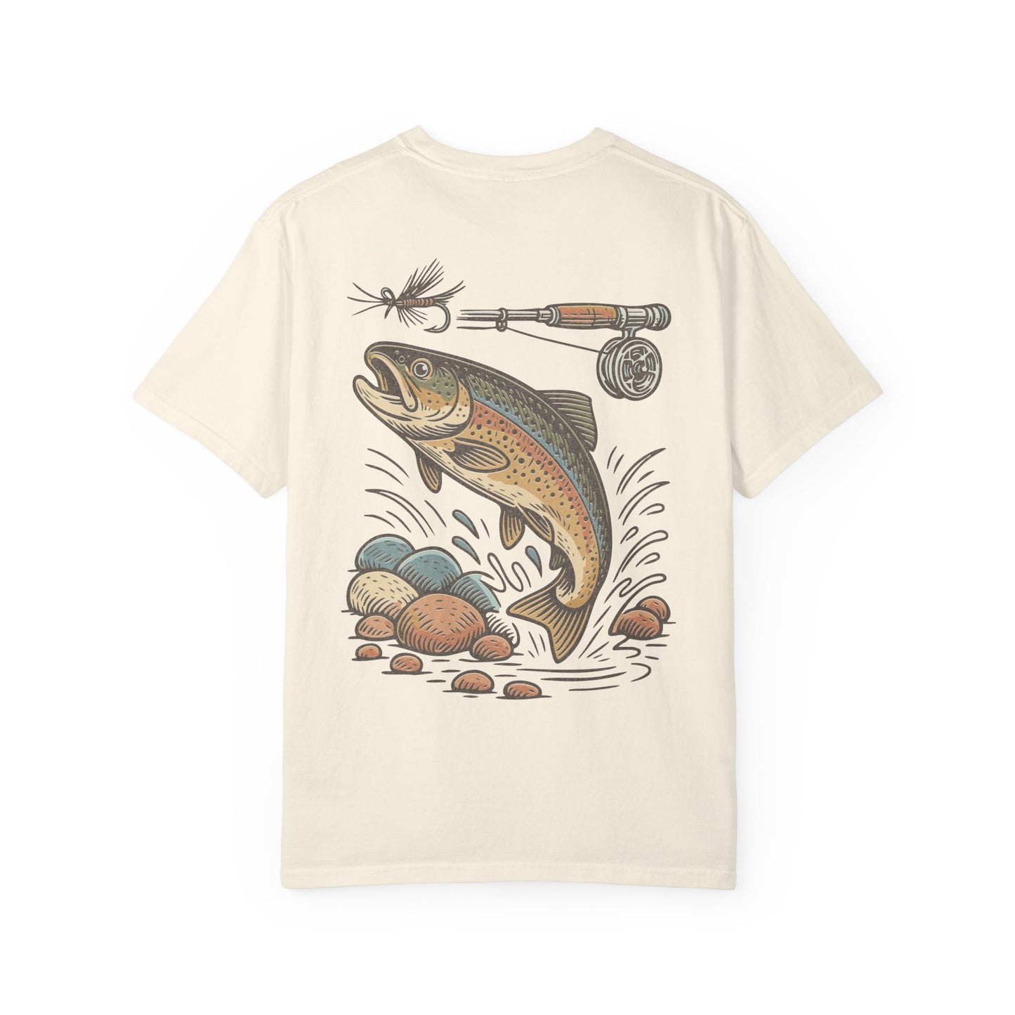 Trout Fishing Graphic T‑Shirt — Vintage Fly Rod & Hook Design