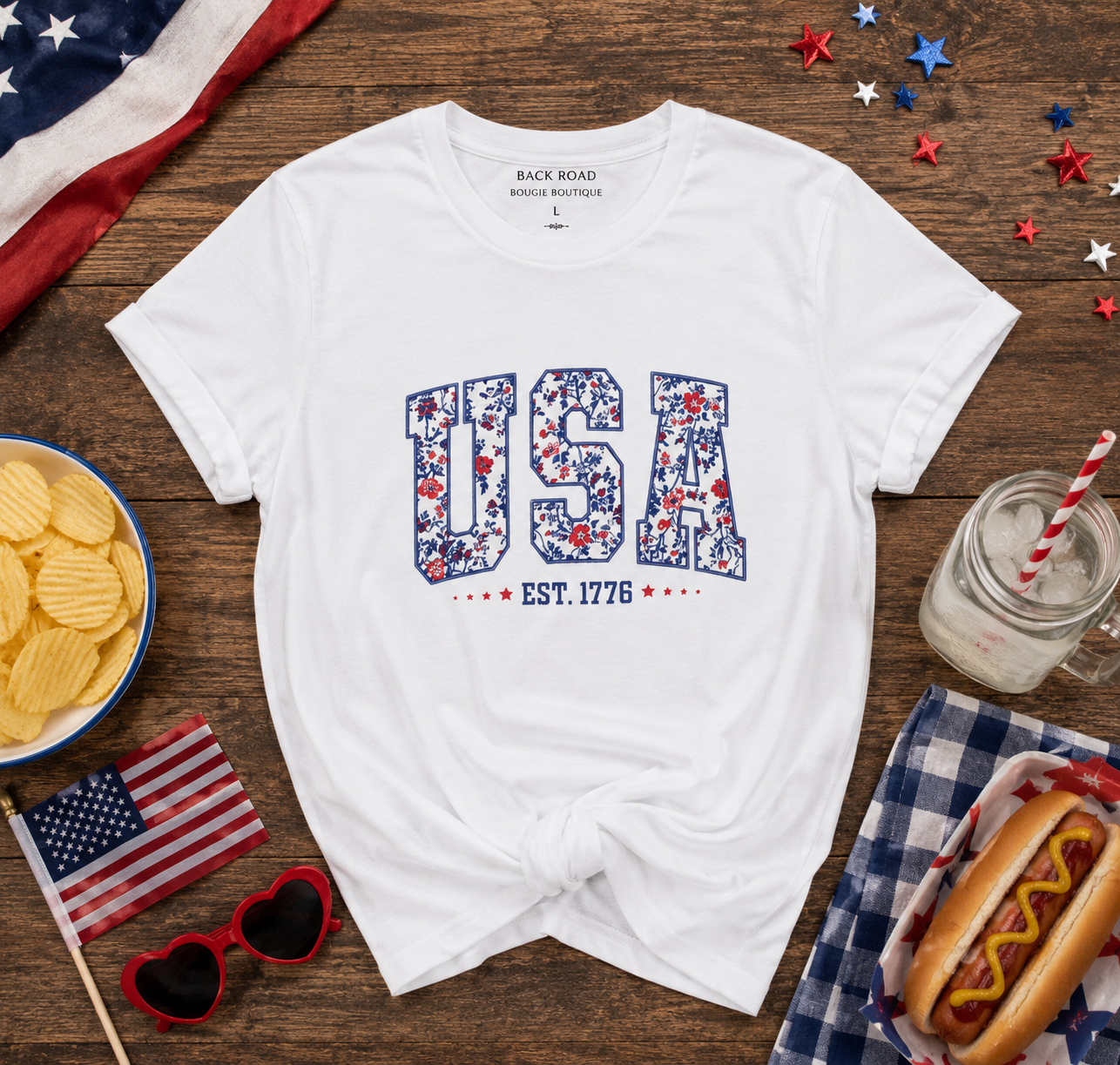 Patriotic USA Floral Tee — "USA Est. 1776" Women's Graphic T-Shirt