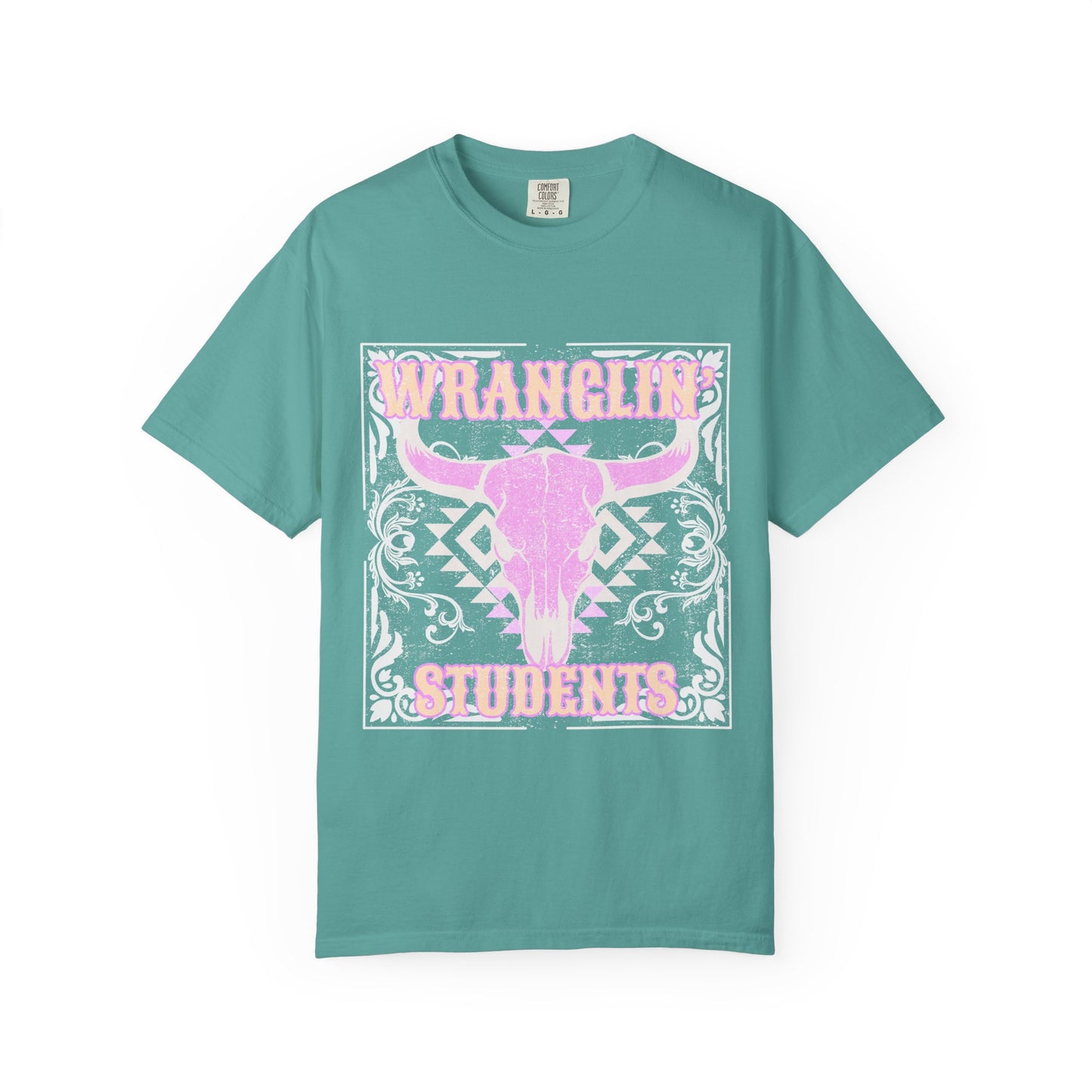 Graphic T-Shirt — "Wranglin' Students" Pink Bull Skull Tee