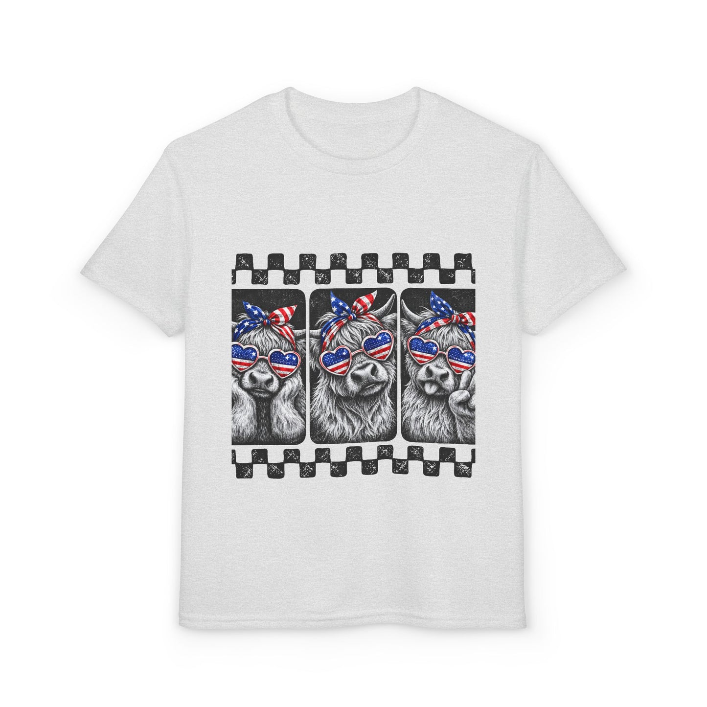 4th of July Highland Cow Girls T-Shirt — Red, White & Blue Sunglasses Bandanna