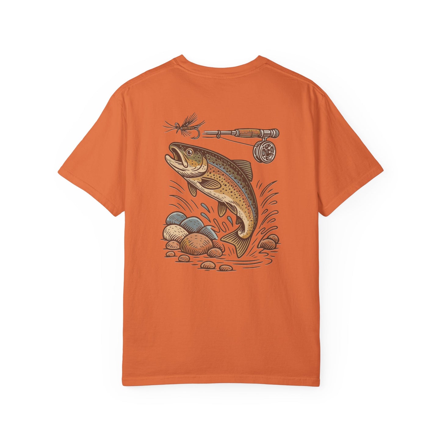 Trout Fishing Graphic T‑Shirt — Vintage Fly Rod & Hook Design