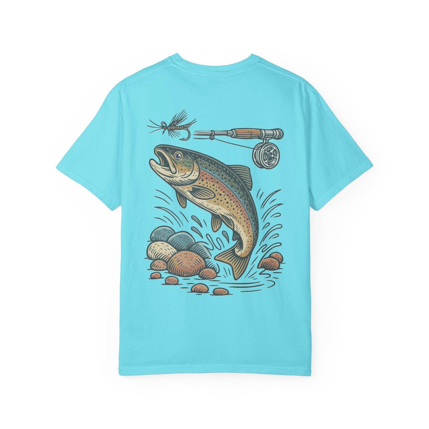 Trout Fishing Graphic T‑Shirt — Vintage Fly Rod & Hook Design