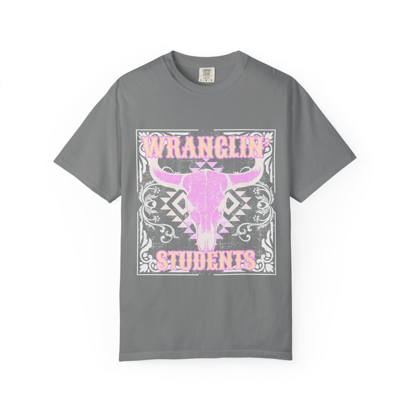 Graphic T-Shirt — "Wranglin' Students" Pink Bull Skull Tee