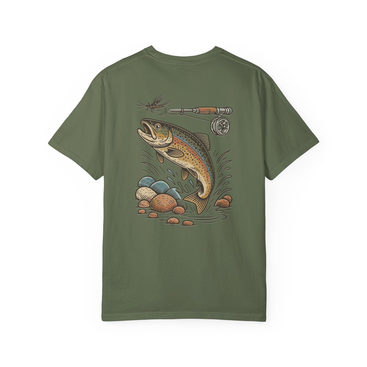 Trout Fishing Graphic T‑Shirt — Vintage Fly Rod & Hook Design