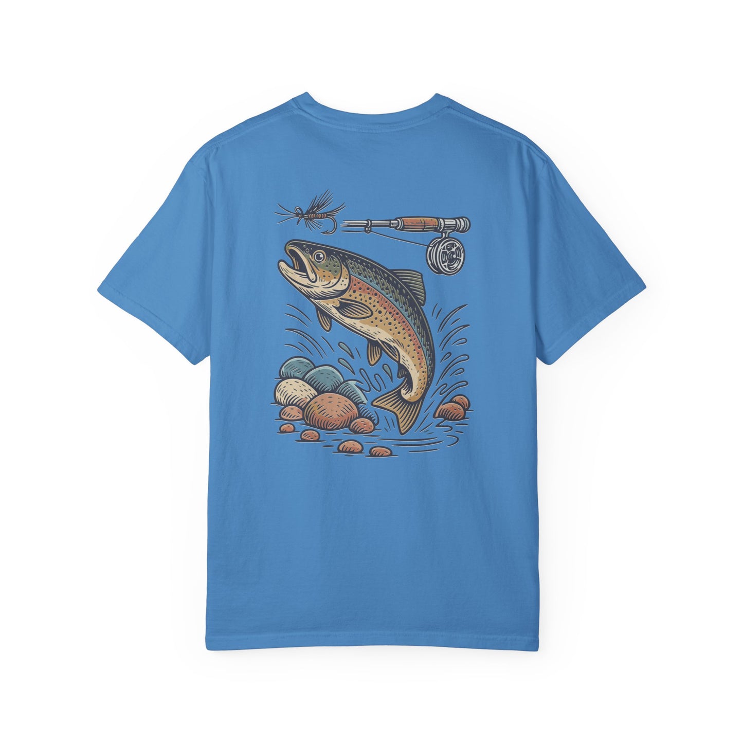 Trout Fishing Graphic T‑Shirt — Vintage Fly Rod & Hook Design