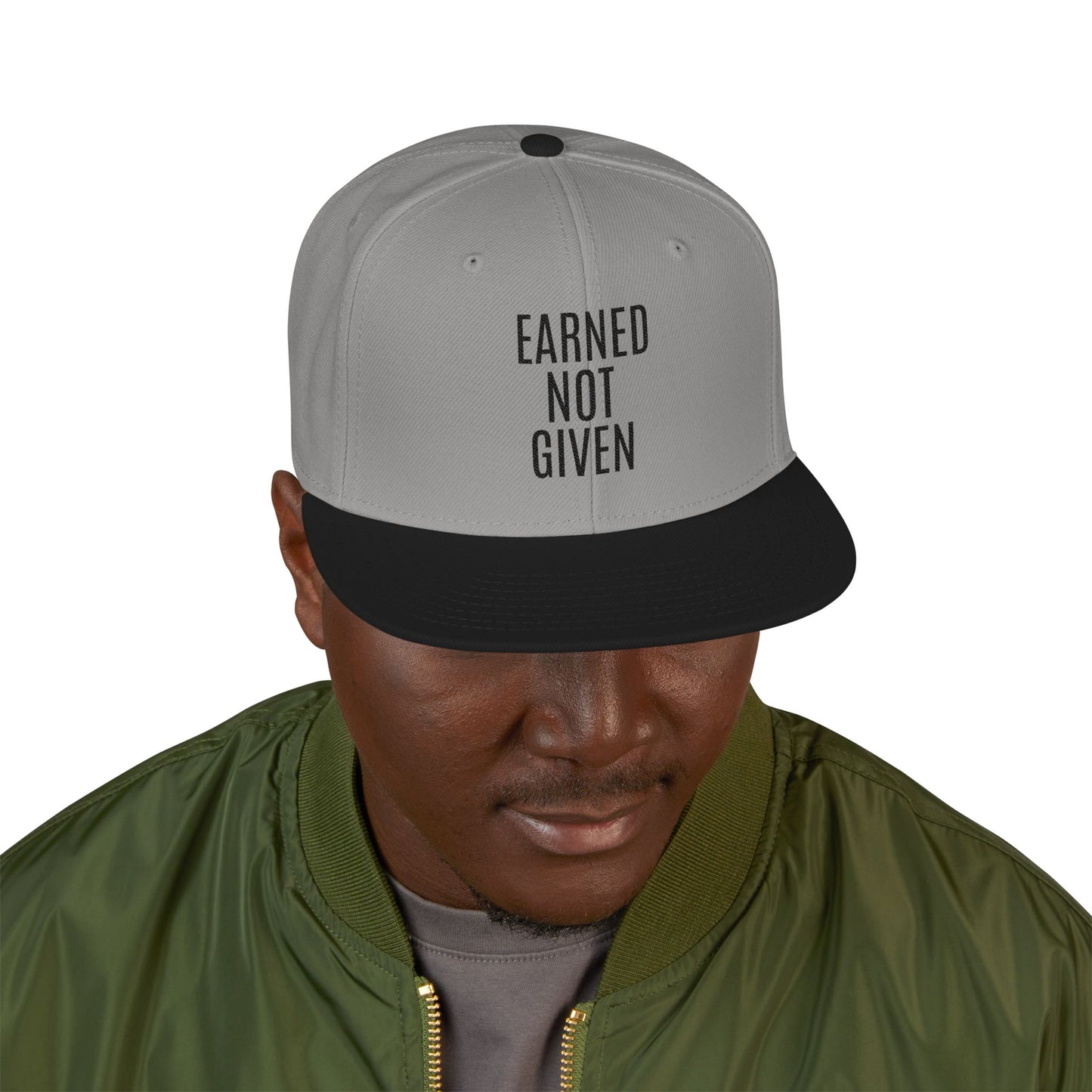Embroidered Snapback Hat — 'Learned More When' Minimal Vertical Text