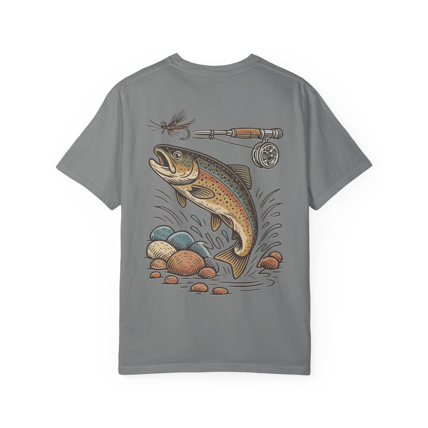 Trout Fishing Graphic T‑Shirt — Vintage Fly Rod & Hook Design