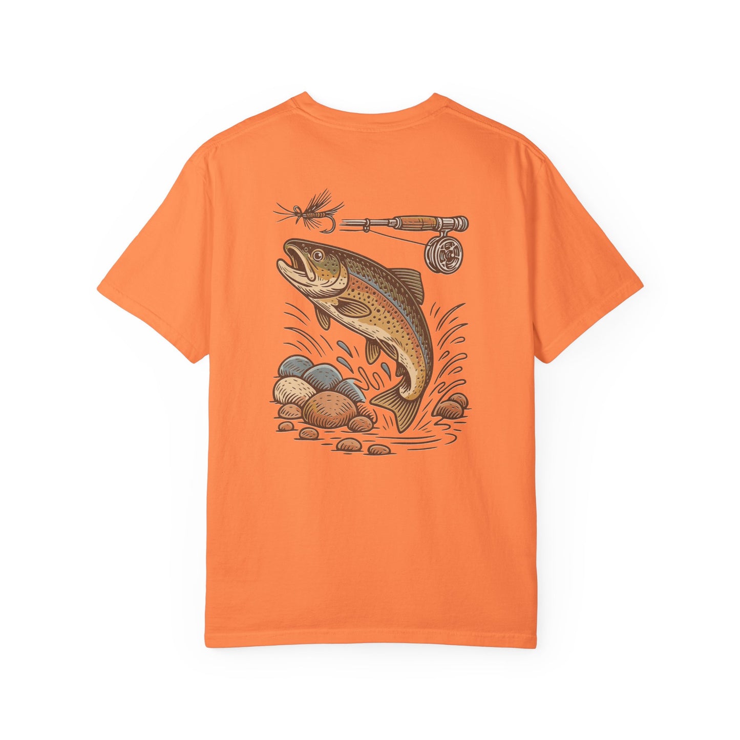 Trout Fishing Graphic T‑Shirt — Vintage Fly Rod & Hook Design