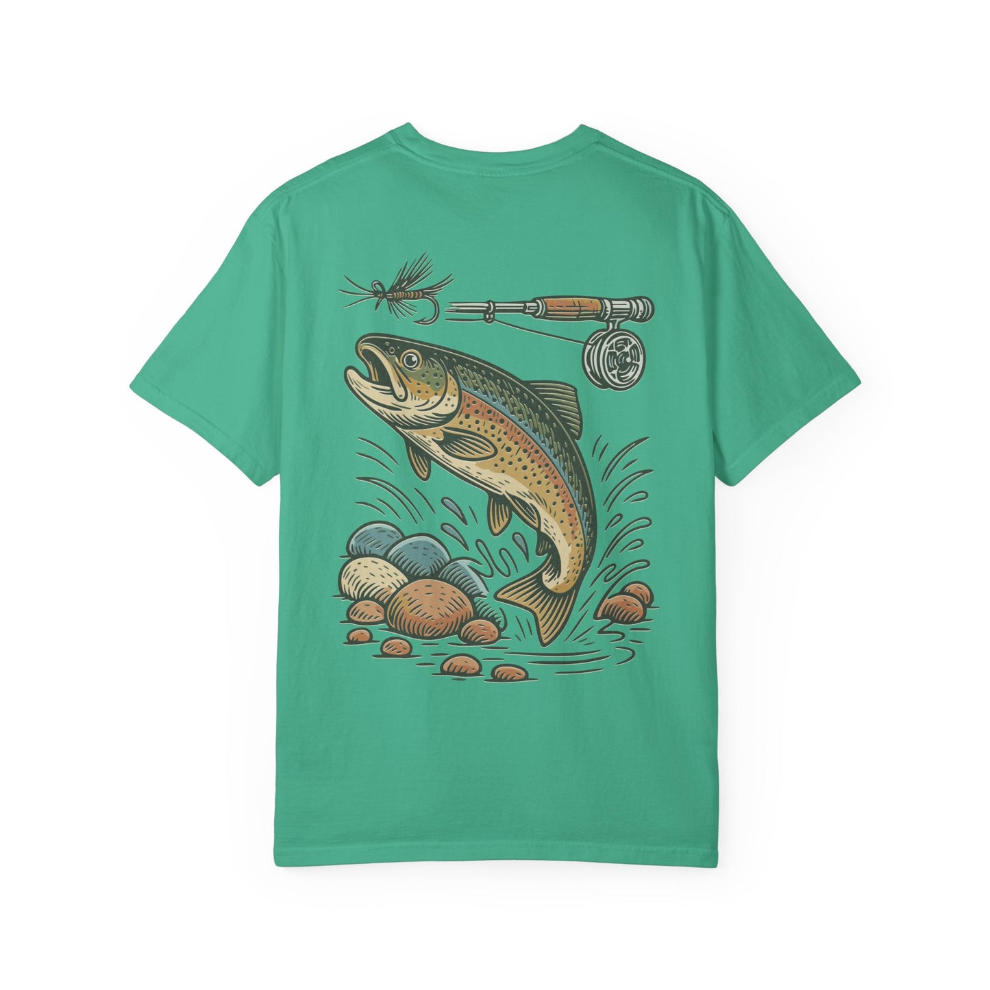 Trout Fishing Graphic T‑Shirt — Vintage Fly Rod & Hook Design