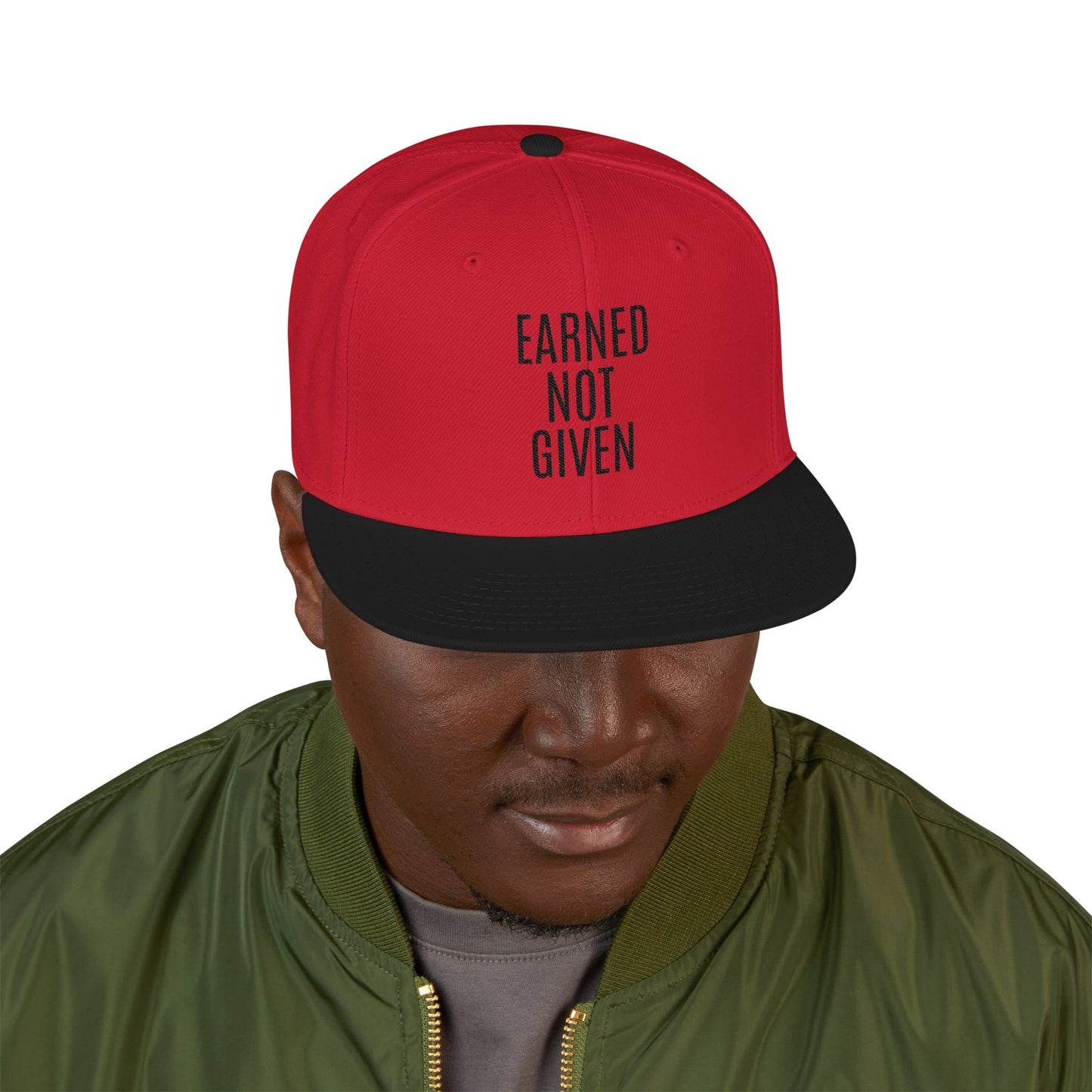 Embroidered Snapback Hat — 'Learned More When' Minimal Vertical Text