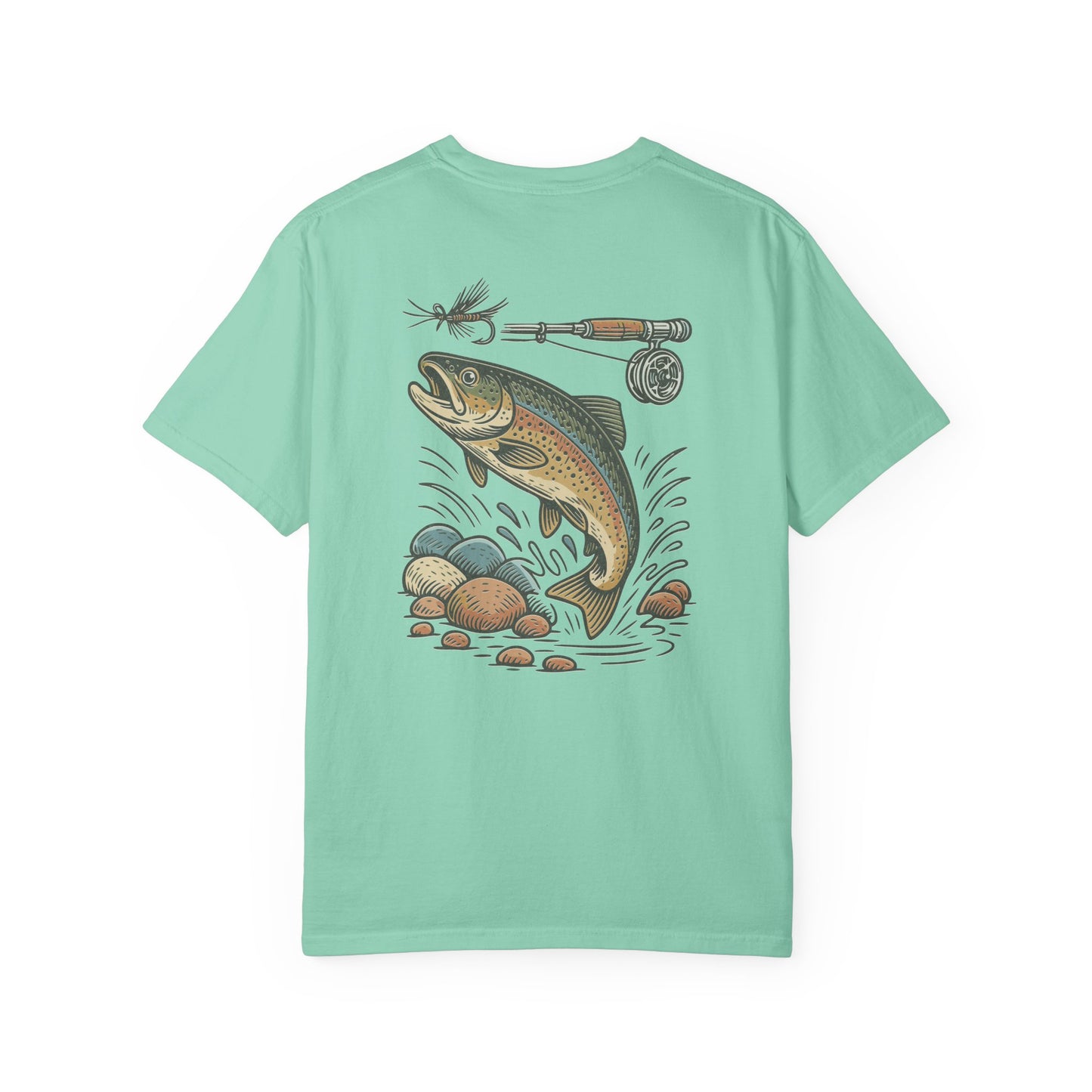 Trout Fishing Graphic T‑Shirt — Vintage Fly Rod & Hook Design