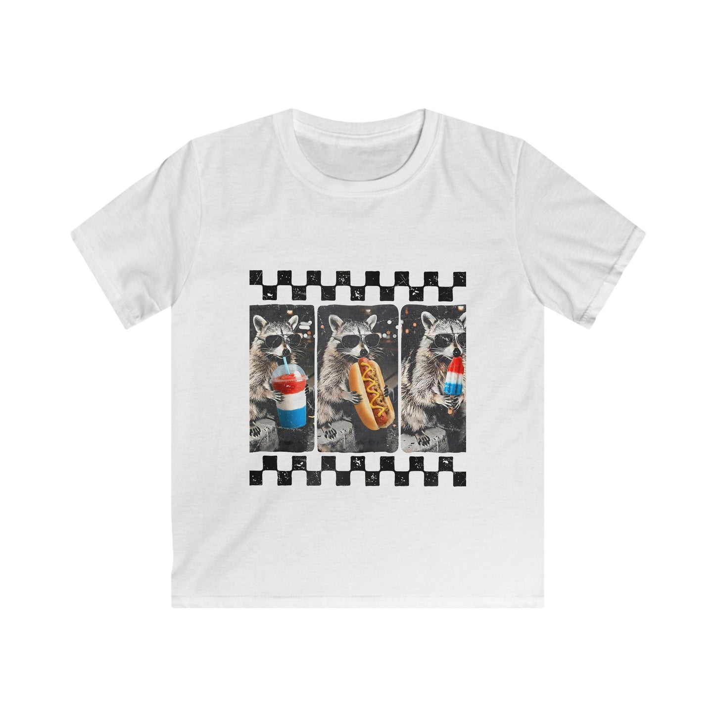 Kids 4th of July Raccoon Tee — Hotdog, Popsicle & Icy Drink Design