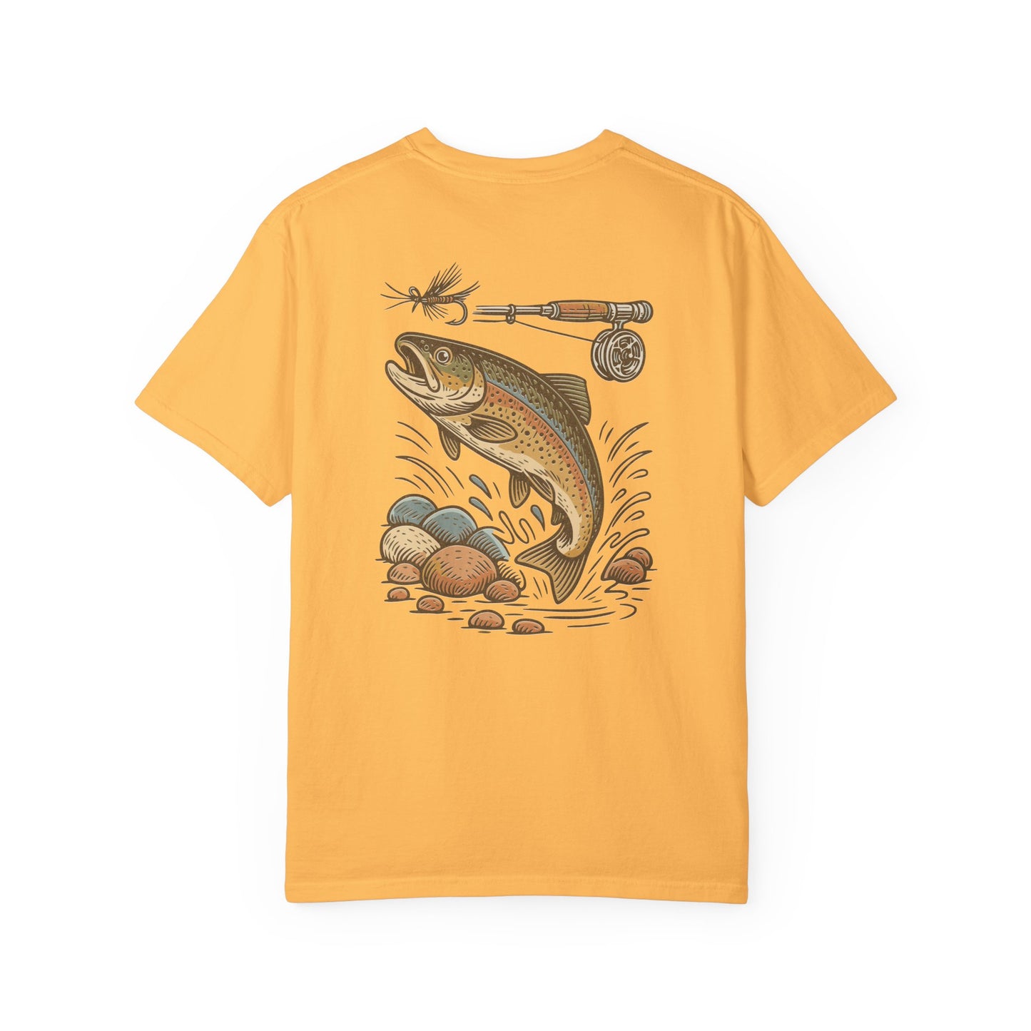 Trout Fishing Graphic T‑Shirt — Vintage Fly Rod & Hook Design