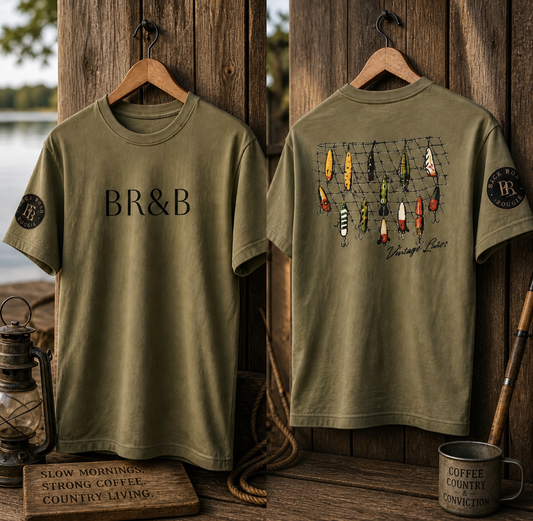Back Road & Bougie “Vintage Lures” Men’s Tee 🎣🌾  Made for the Man Who Feels at Home on the Water