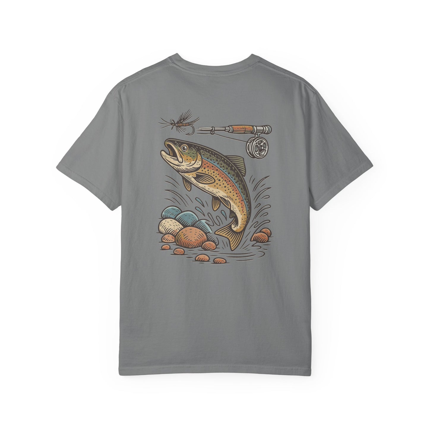 Trout Fishing Graphic T‑Shirt — Vintage Fly Rod & Hook Design