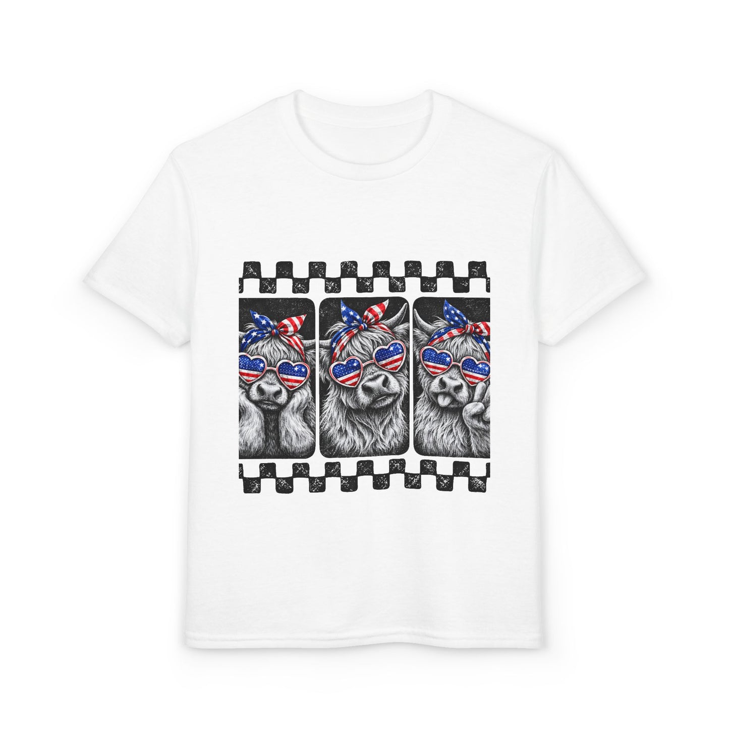 4th of July Highland Cow Girls T-Shirt — Red, White & Blue Sunglasses Bandanna