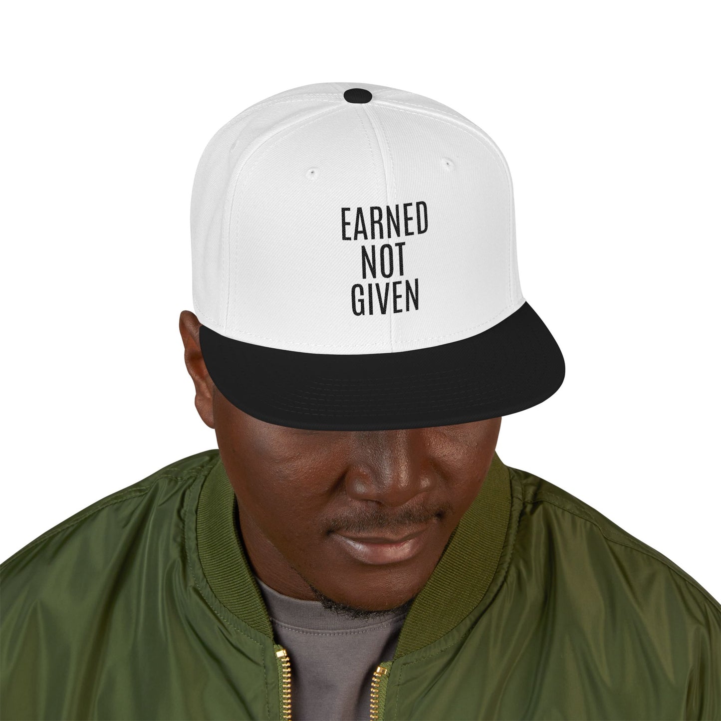Embroidered Snapback Hat — 'Learned More When' Minimal Vertical Text