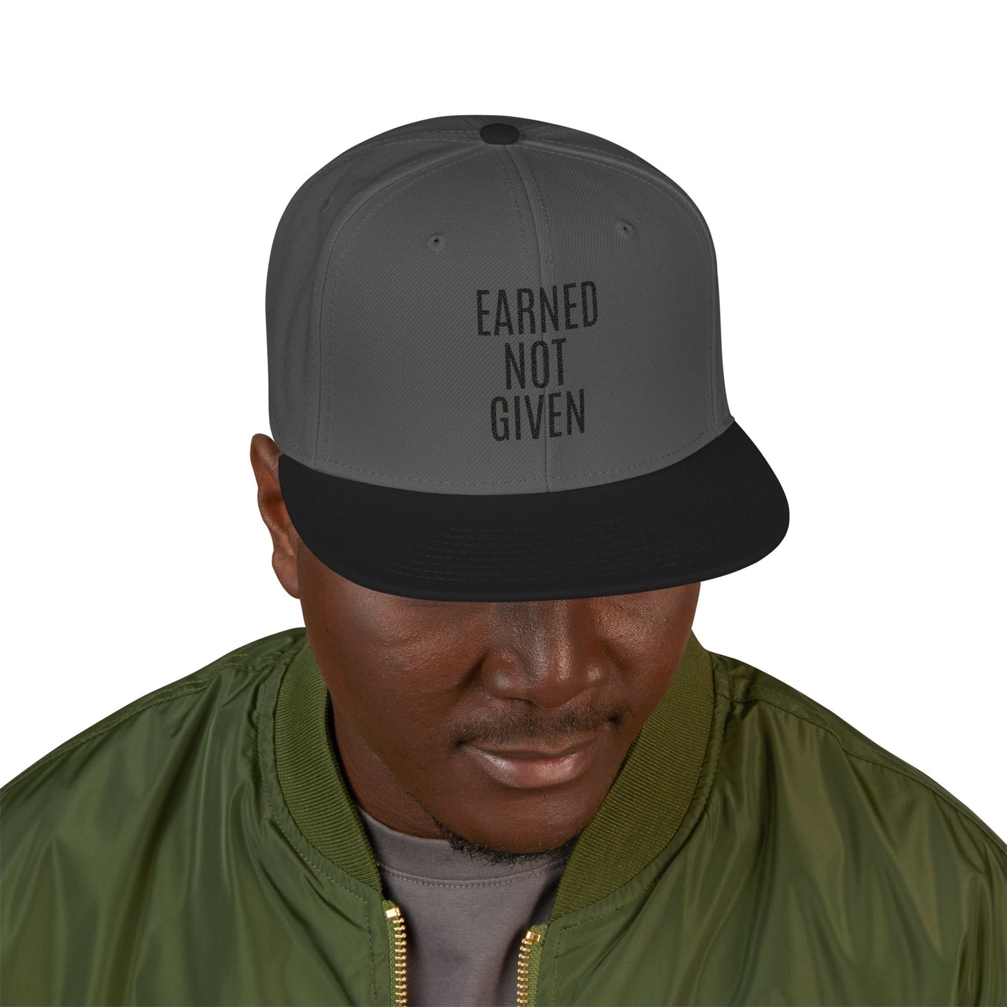 Embroidered Snapback Hat — 'Learned More When' Minimal Vertical Text