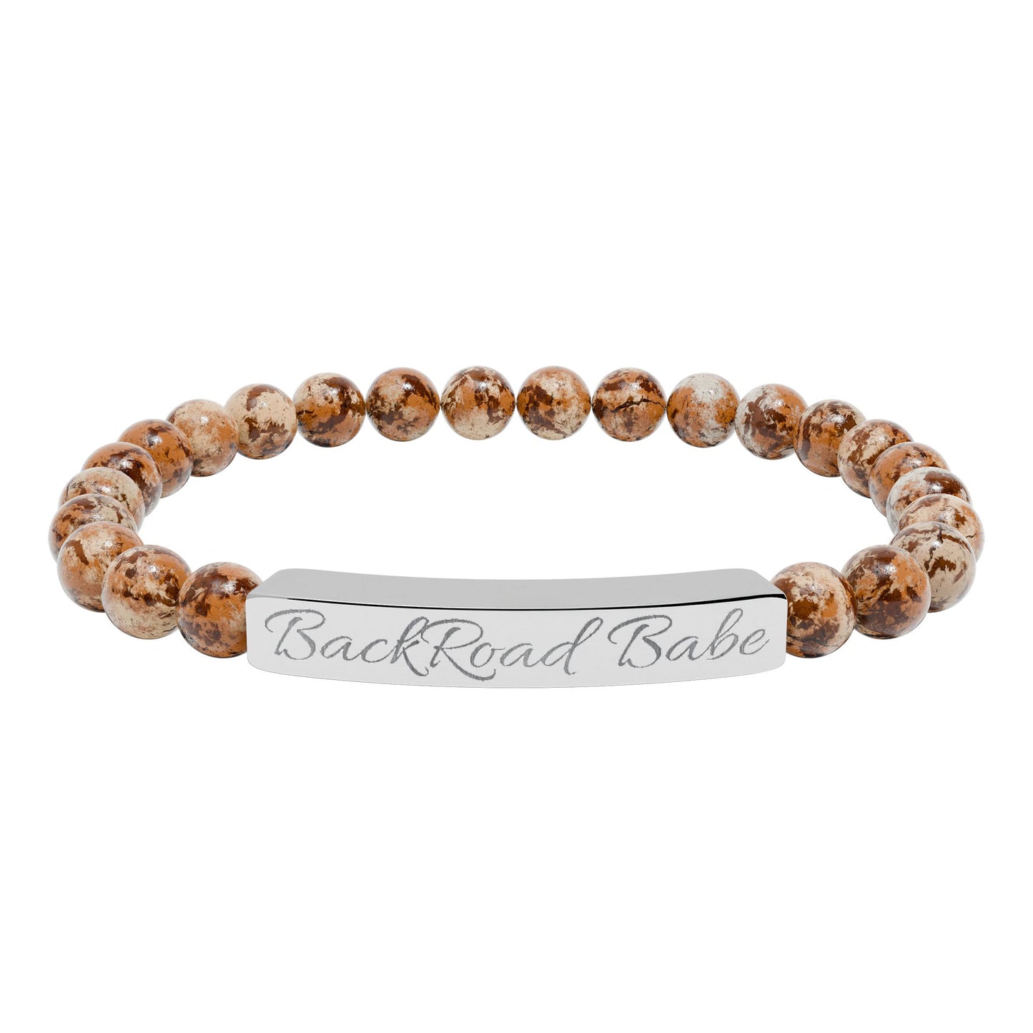🤎 Backroad Babe Bracelet , Engraved Natural Stone Bead Bracelet — Custom Bar Stretch Bracelet