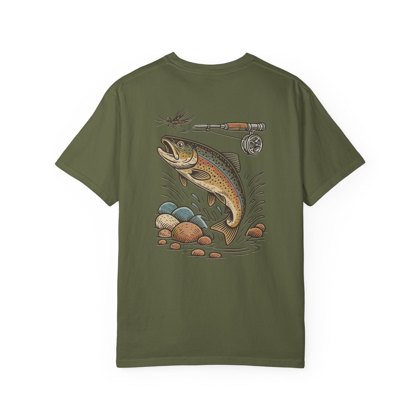 Trout Fishing Graphic T‑Shirt — Vintage Fly Rod & Hook Design