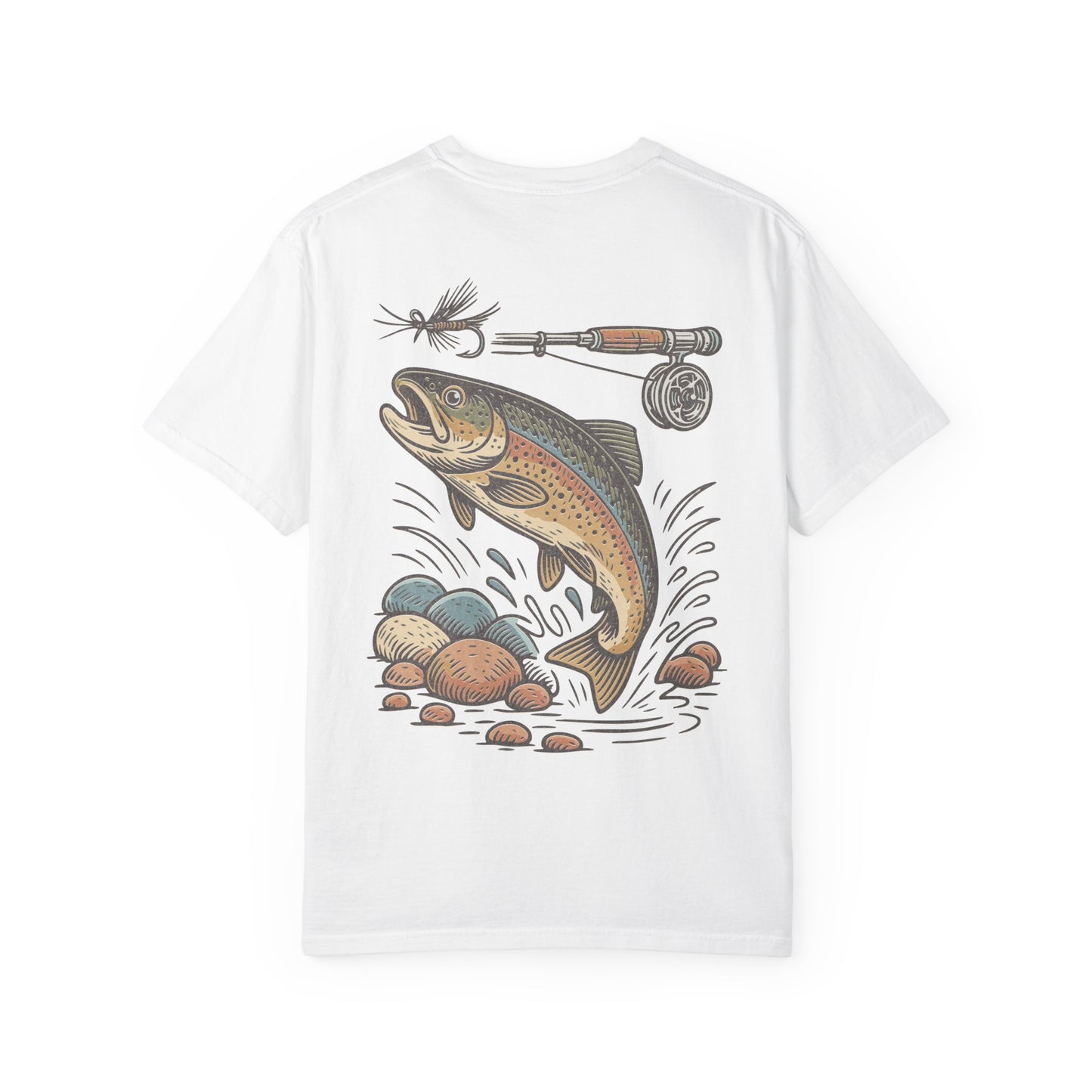 Trout Fishing Graphic T‑Shirt — Vintage Fly Rod & Hook Design