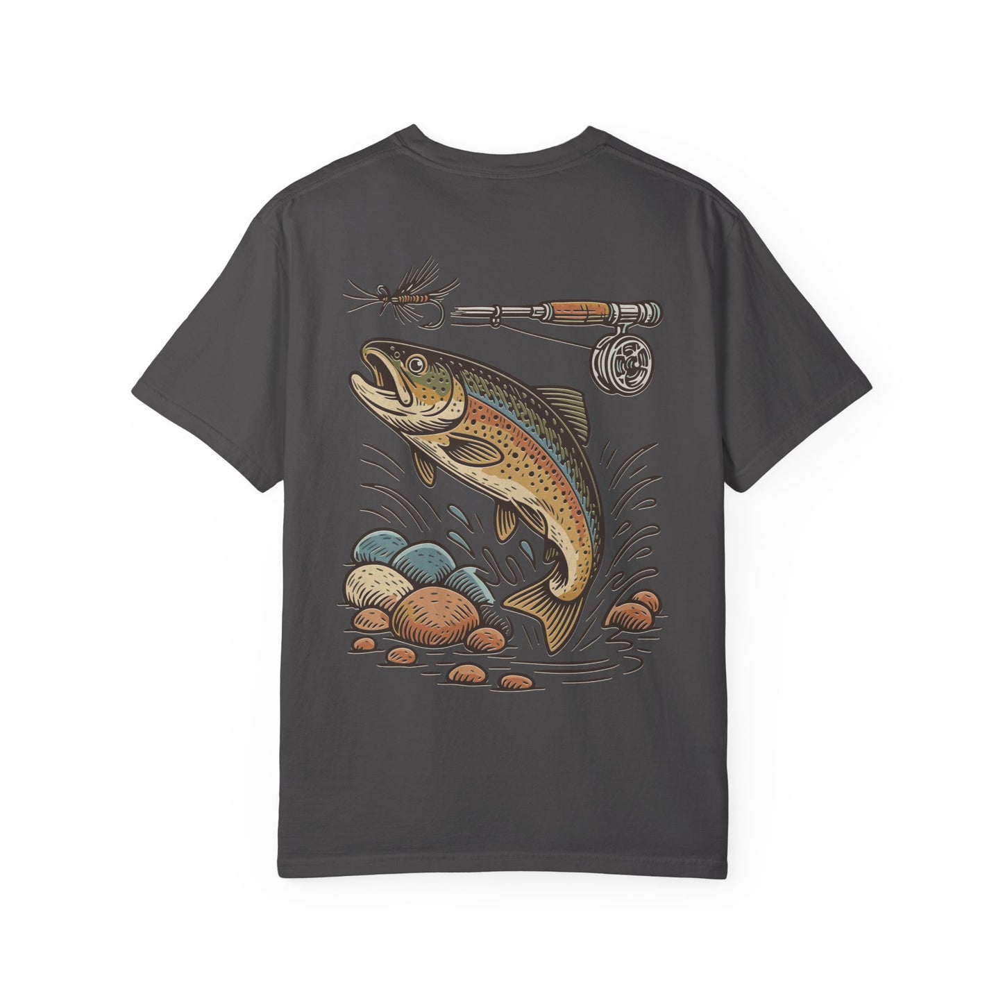 Trout Fishing Graphic T‑Shirt — Vintage Fly Rod & Hook Design