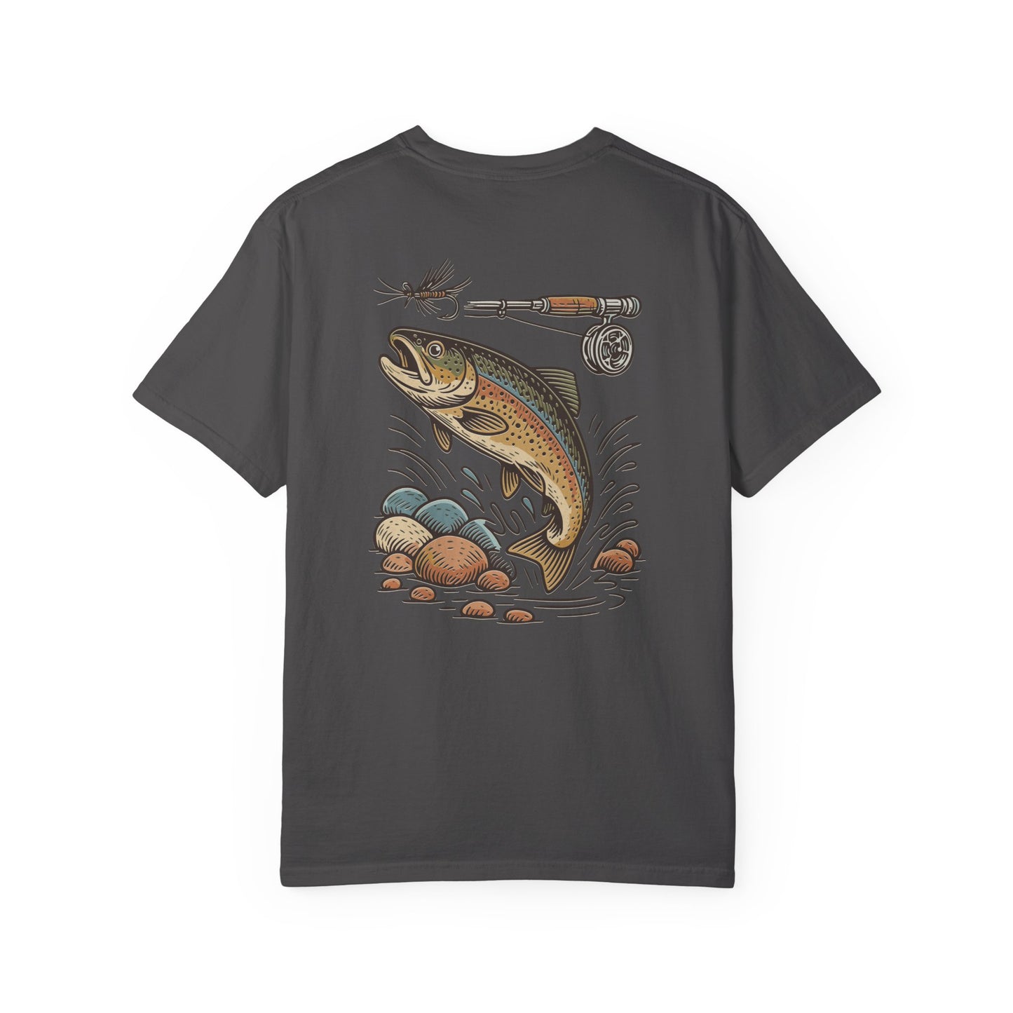 Trout Fishing Graphic T‑Shirt — Vintage Fly Rod & Hook Design