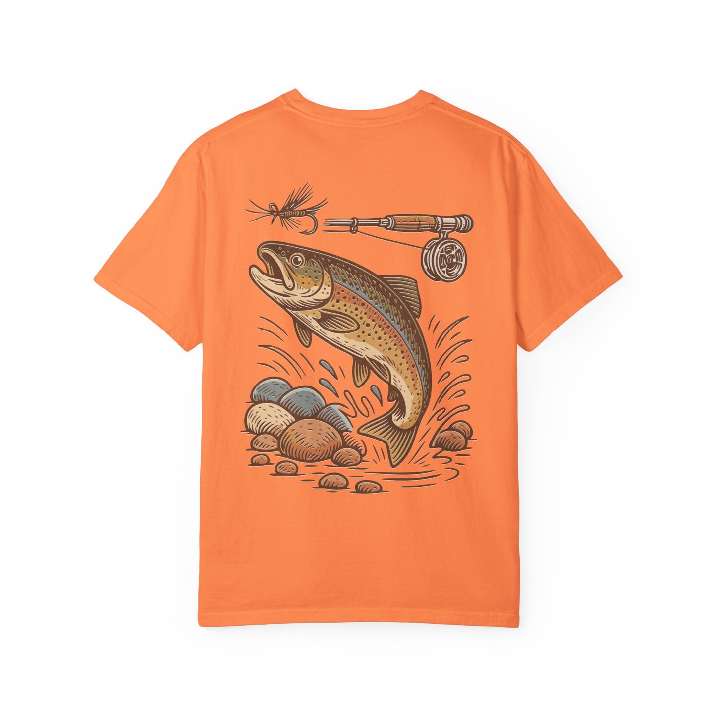 Trout Fishing Graphic T‑Shirt — Vintage Fly Rod & Hook Design