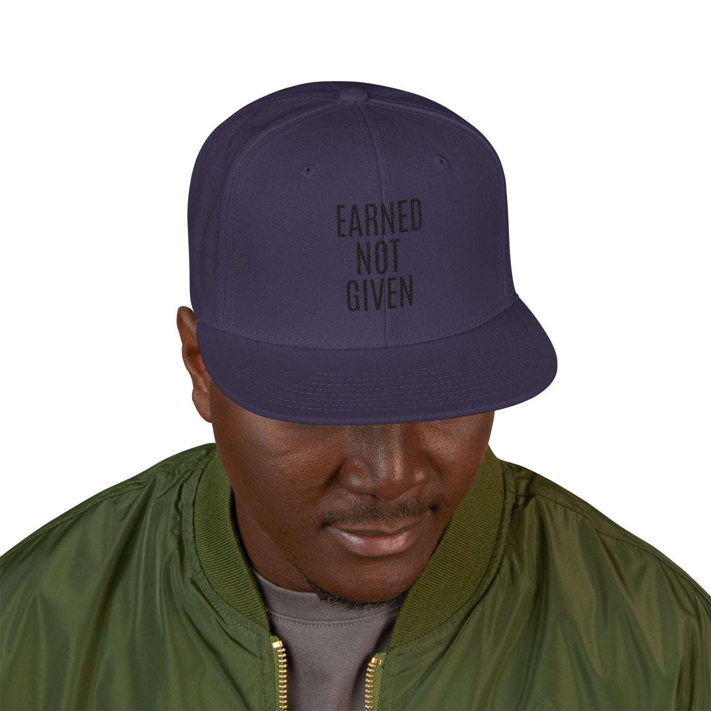 Embroidered Snapback Hat — 'Learned More When' Minimal Vertical Text