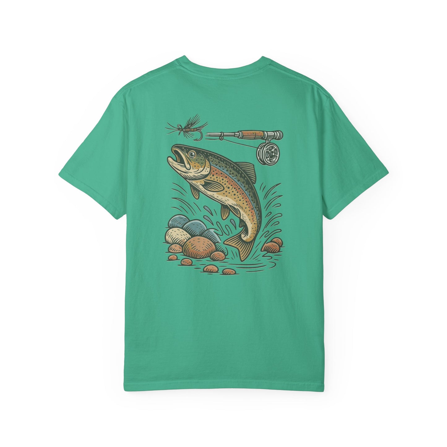 Trout Fishing Graphic T‑Shirt — Vintage Fly Rod & Hook Design