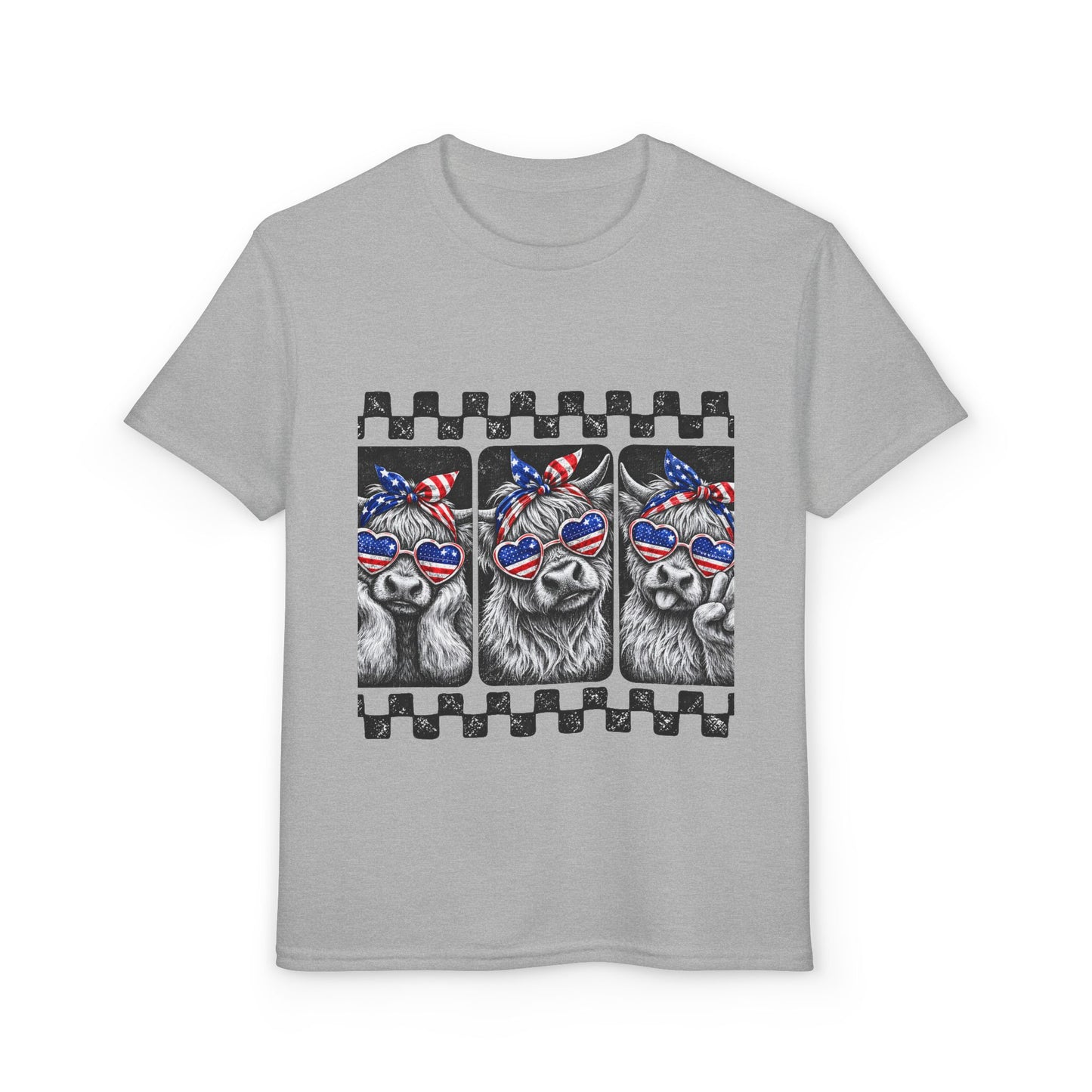 4th of July Highland Cow Girls T-Shirt — Red, White & Blue Sunglasses Bandanna