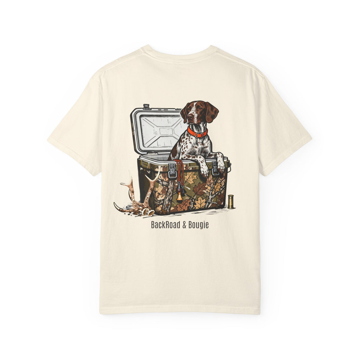 BackRoad & Bougie Dog Graphic T‑Shirt — Hunting Cooler Design