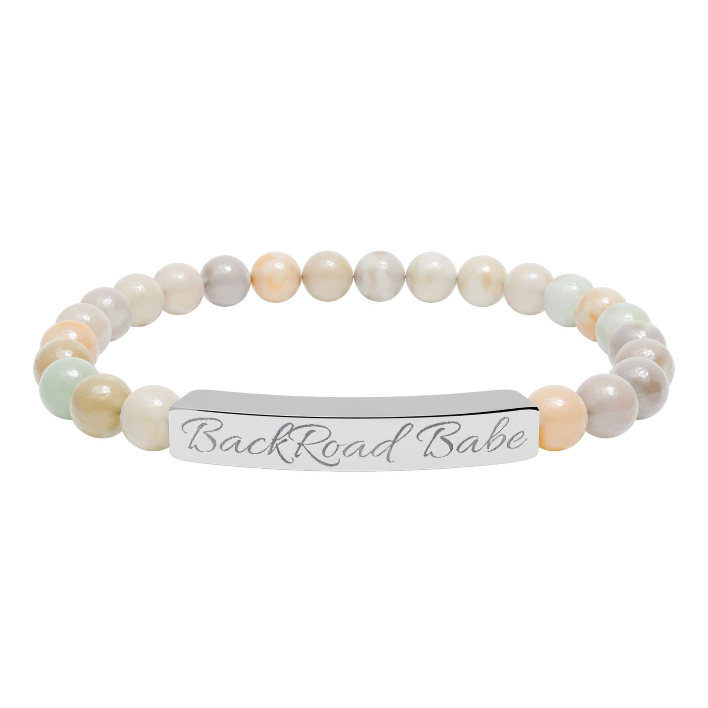🤎 Backroad Babe Bracelet , Engraved Natural Stone Bead Bracelet — Custom Bar Stretch Bracelet