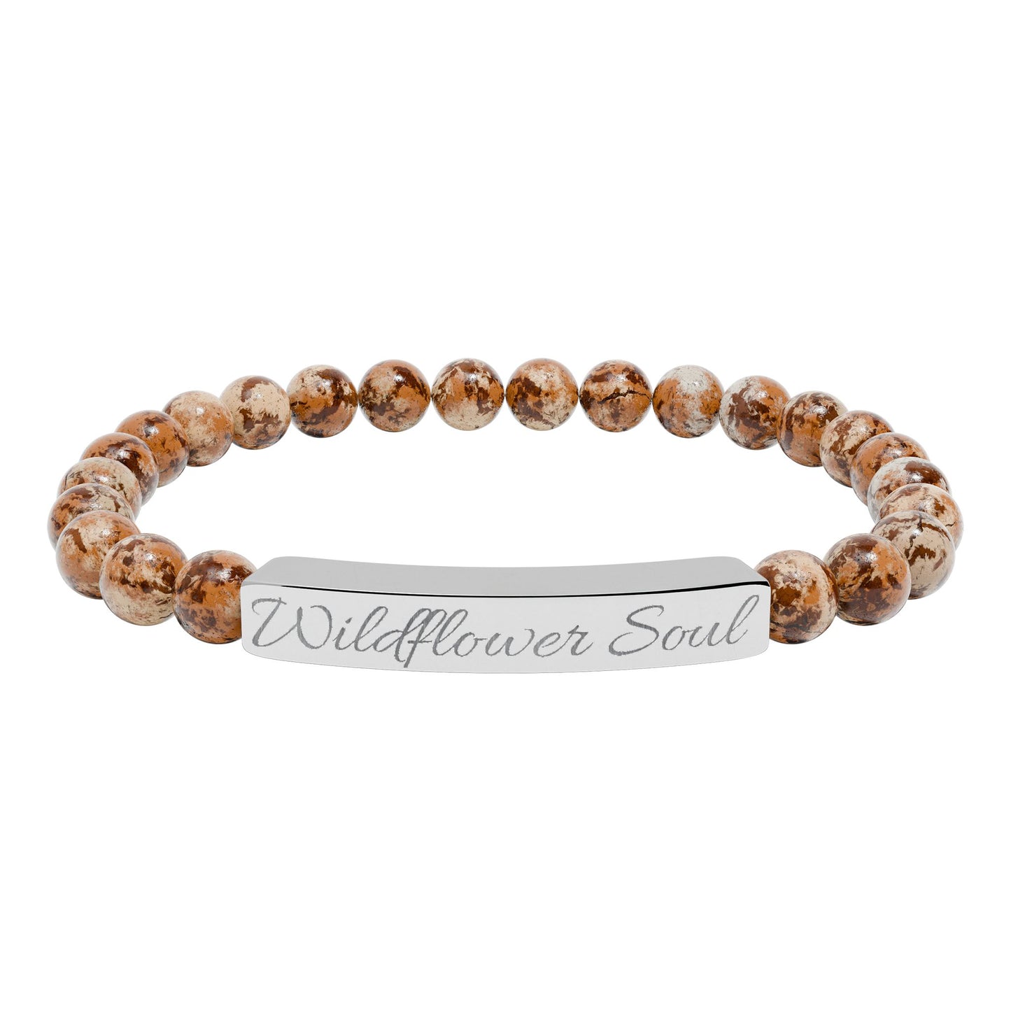 🌸 Wildflower Soul Bracelet , Engraved Natural Stone Stretch Bracelet — Custom Bar Bead Bracelet