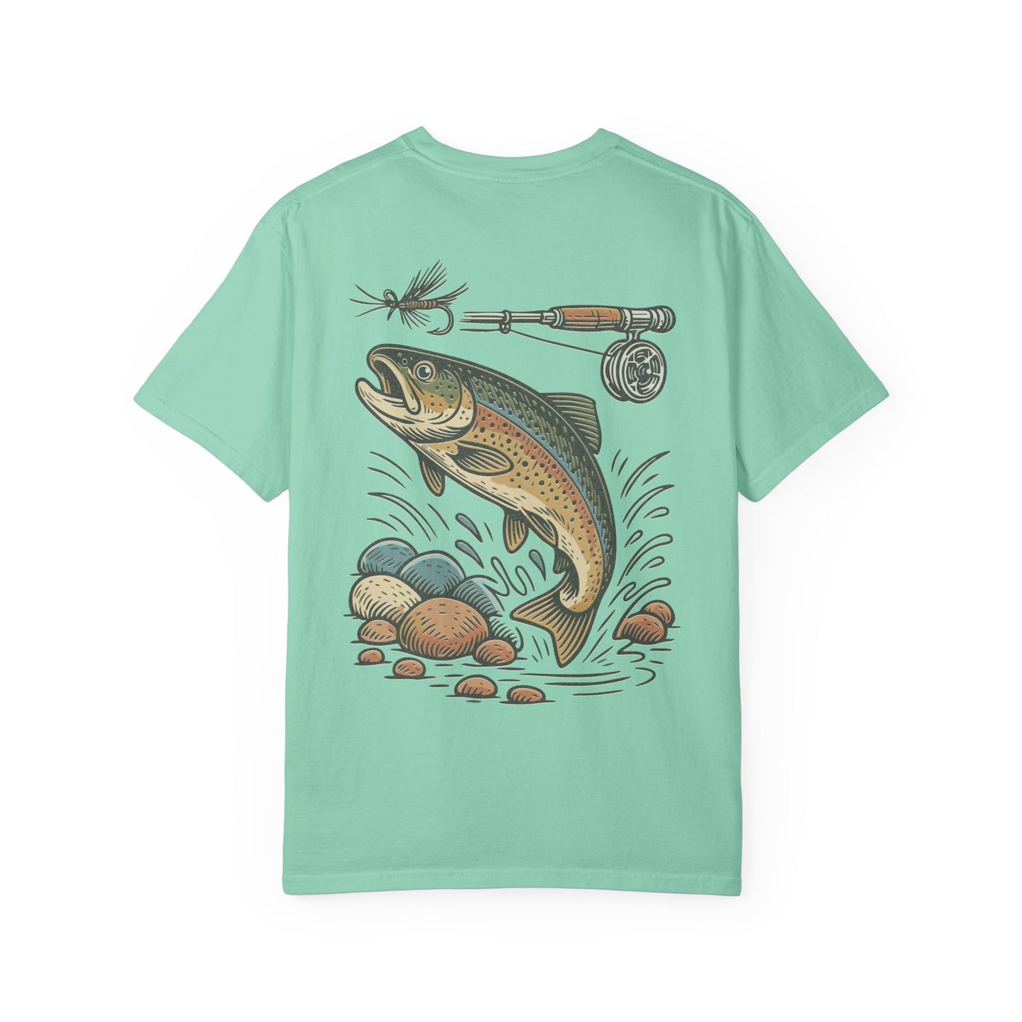 Trout Fishing Graphic T‑Shirt — Vintage Fly Rod & Hook Design