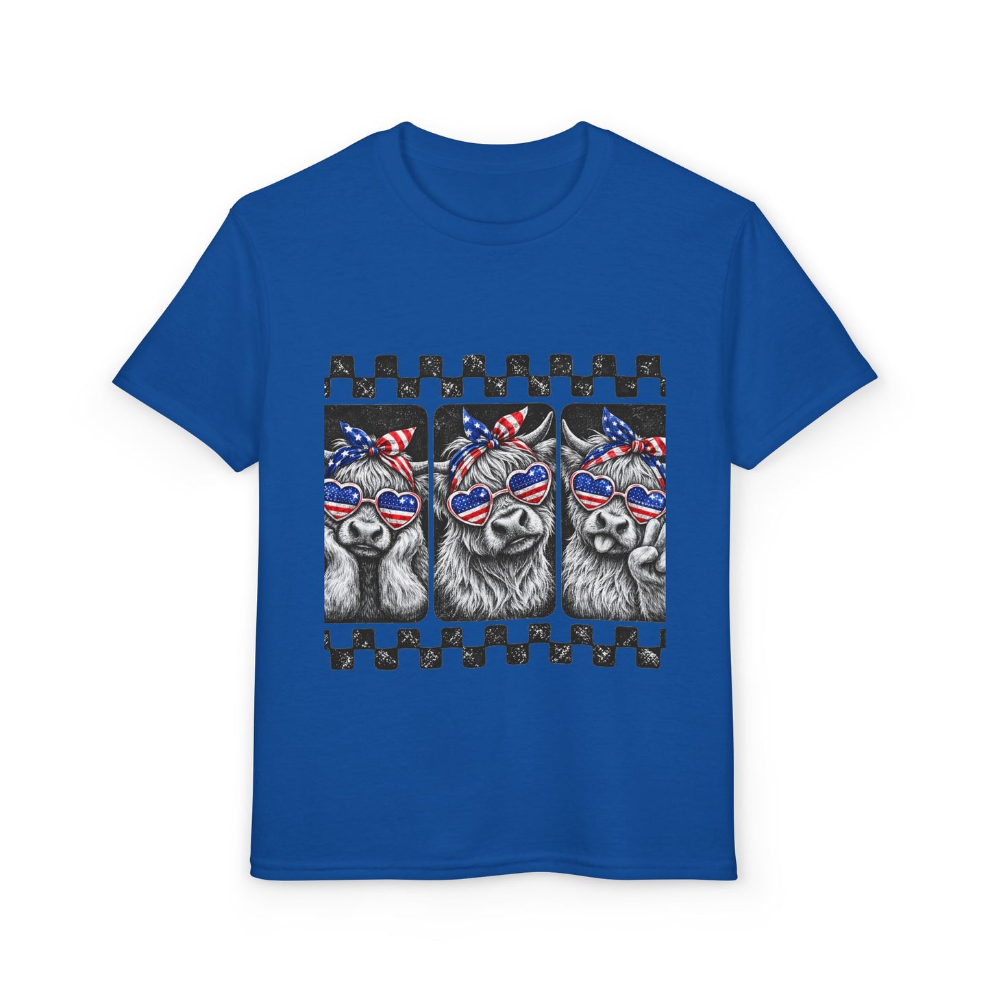 4th of July Highland Cow Girls T-Shirt — Red, White & Blue Sunglasses Bandanna