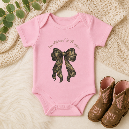 Backroad & Bougie Camo Bow Baby Onesie
