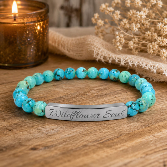 🌸 Wildflower Soul Bracelet , Engraved Natural Stone Stretch Bracelet — Custom Bar Bead Bracelet