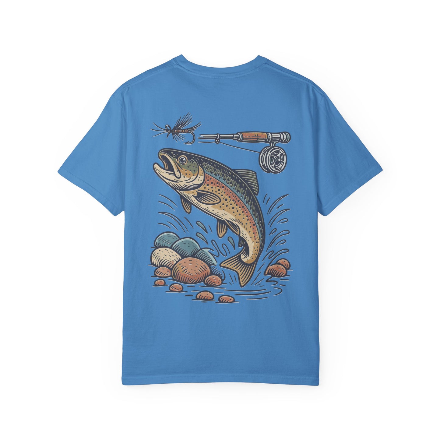 Trout Fishing Graphic T‑Shirt — Vintage Fly Rod & Hook Design