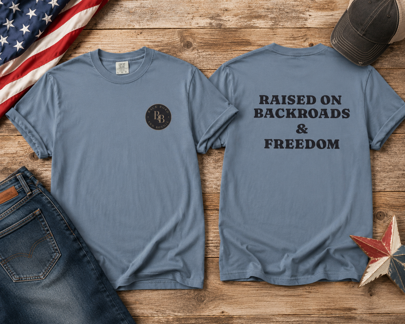 🇺🇸🤎 Raised On Backroads & Freedom Tee