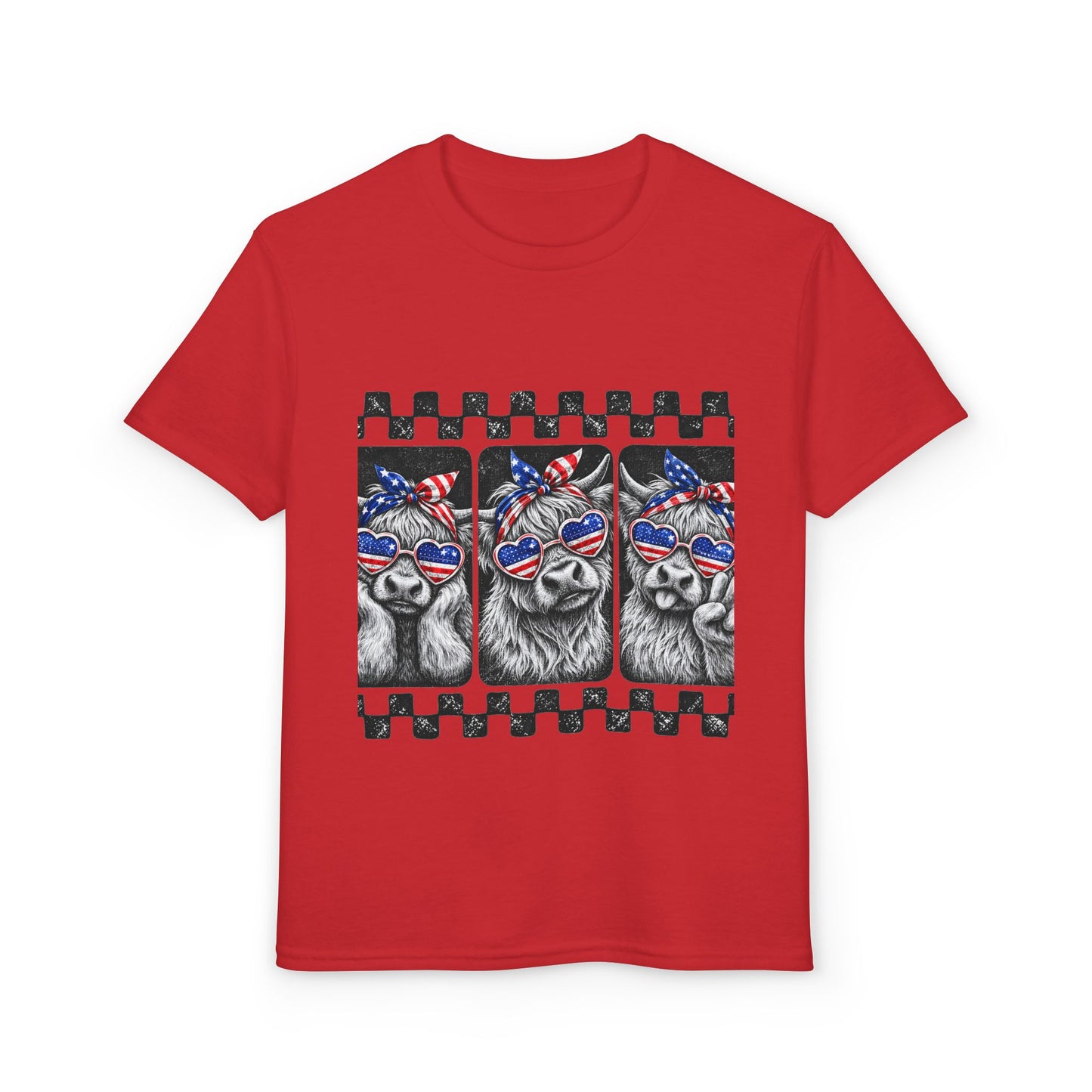 4th of July Highland Cow Girls T-Shirt — Red, White & Blue Sunglasses Bandanna