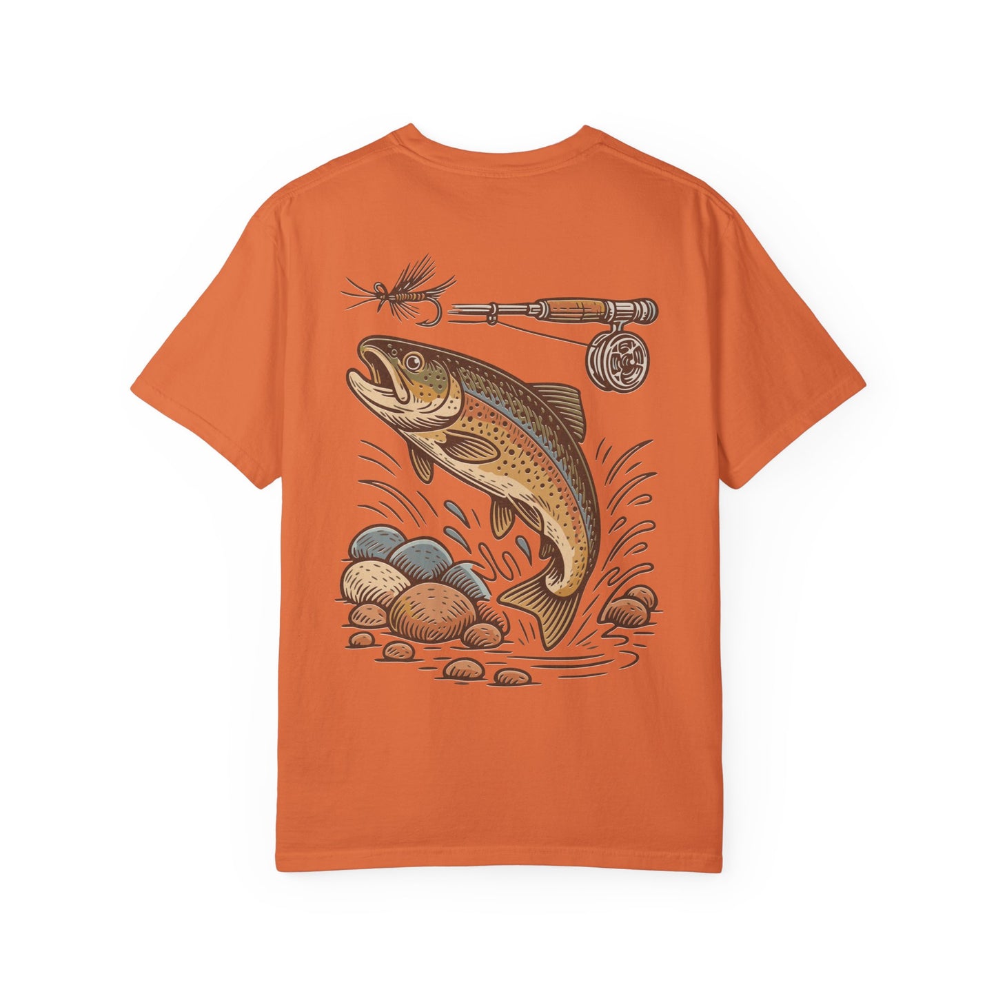 Trout Fishing Graphic T‑Shirt — Vintage Fly Rod & Hook Design