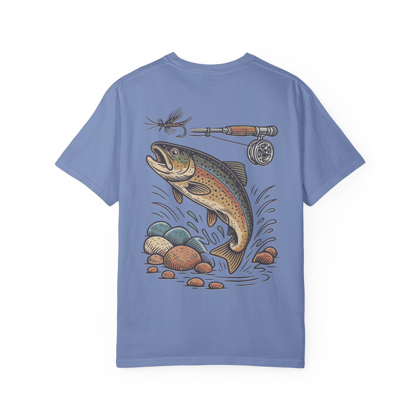 Trout Fishing Graphic T‑Shirt — Vintage Fly Rod & Hook Design
