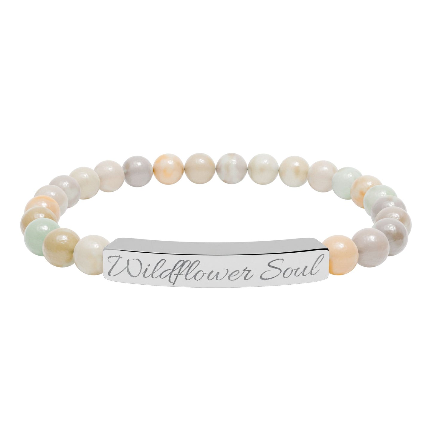 🌸 Wildflower Soul Bracelet , Engraved Natural Stone Stretch Bracelet — Custom Bar Bead Bracelet