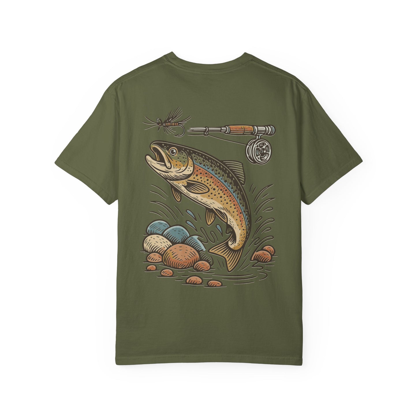 Trout Fishing Graphic T‑Shirt — Vintage Fly Rod & Hook Design